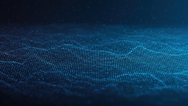 A blue binary data wave, abstract technology and futuristic motion background.