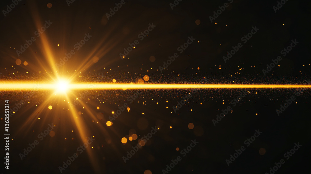 Poster a bright golden light streak with bokeh effect on a dark background creating a cosmic atmosphere