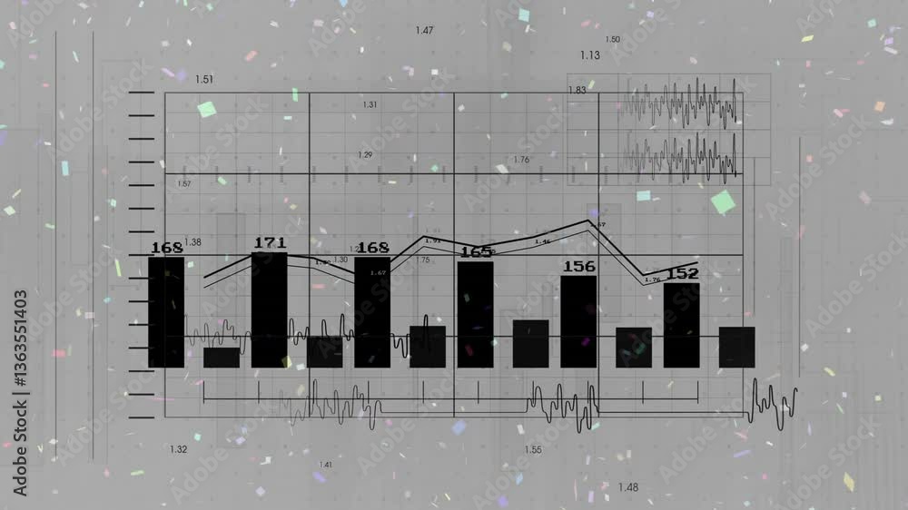 Poster animation of bar graph with fluctuating line chart on confetti background