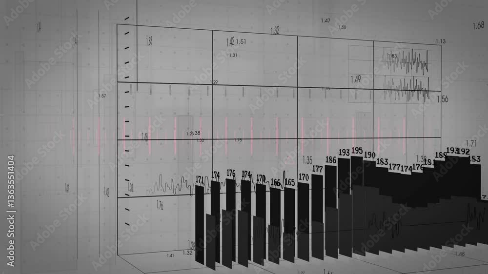 Poster animation of 3d bar graph and line charts on gray background with numbers