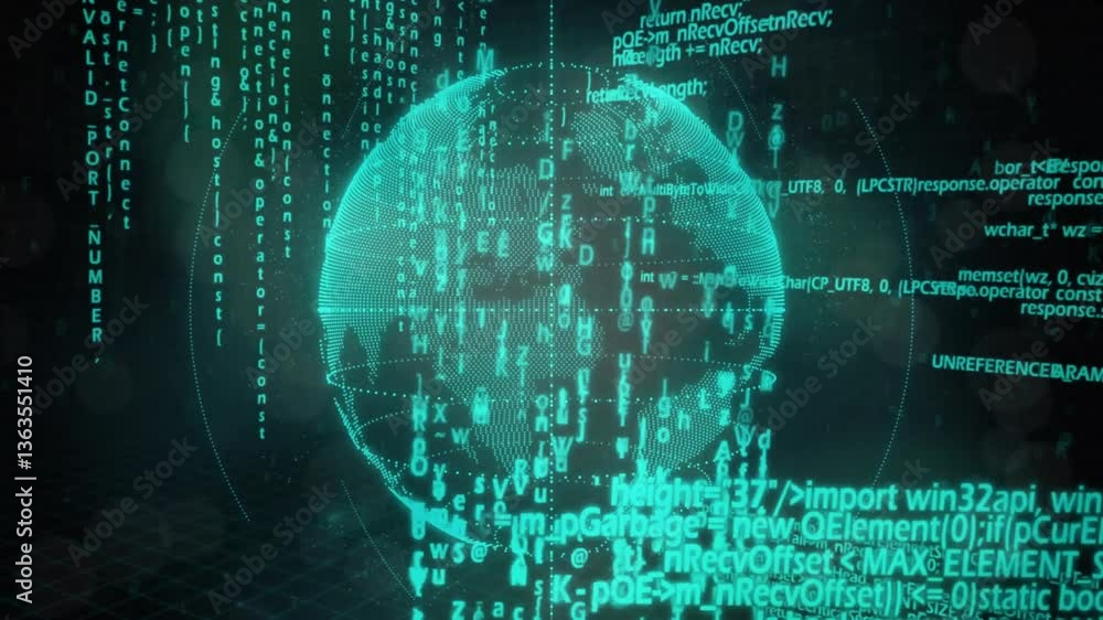 Poster binary code and programming text overlay digital globe with green matrix animation