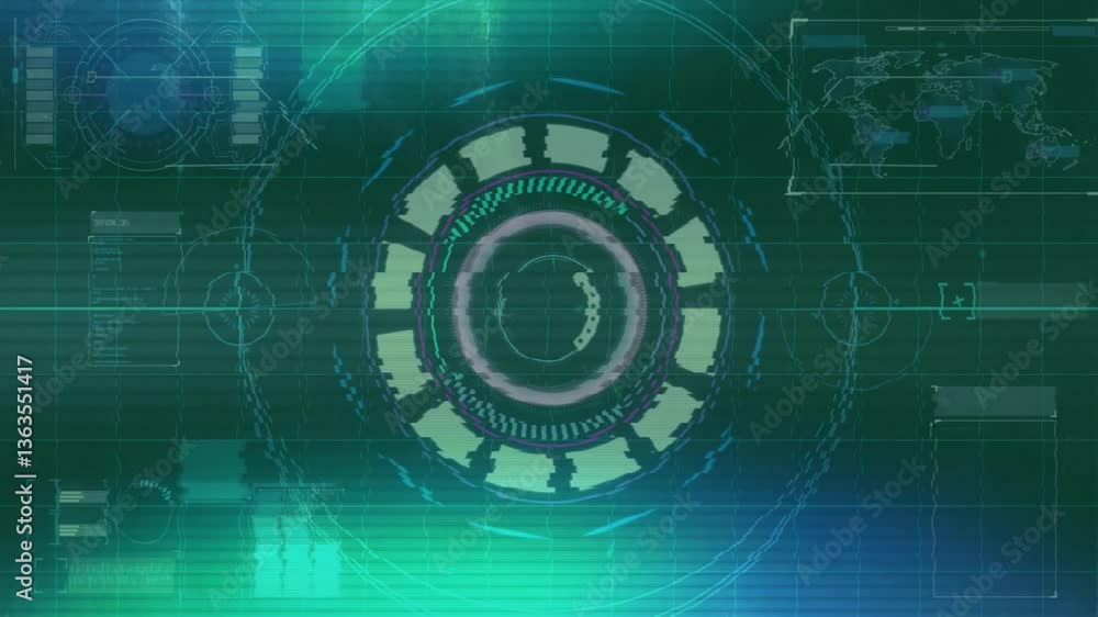 Poster animation of futuristic digital interface with rotating circles and world map