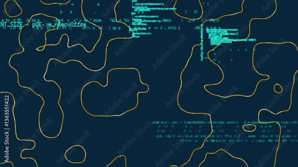 Aufkleber animation of digital map with contour lines and scattered code elements