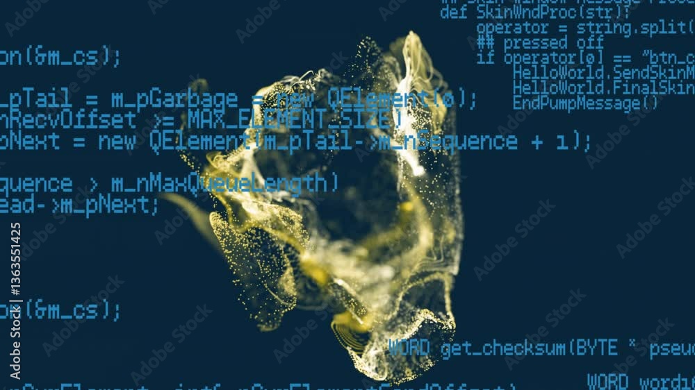 Poster forming dynamic shape, digital code and particles animate on dark background