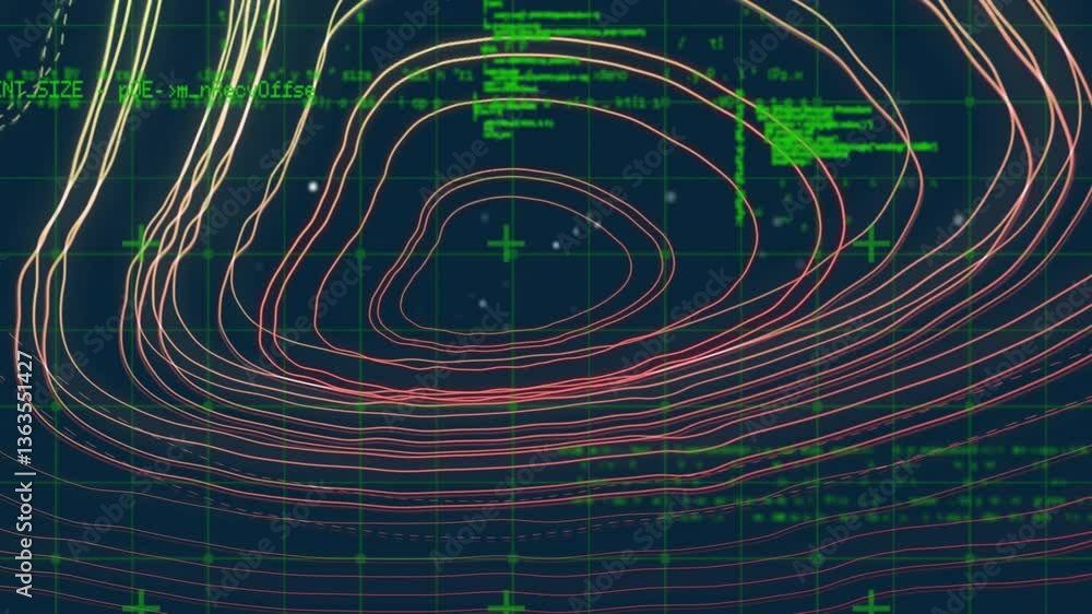 Aufkleber contour lines and green code text creating digital topographic map animation