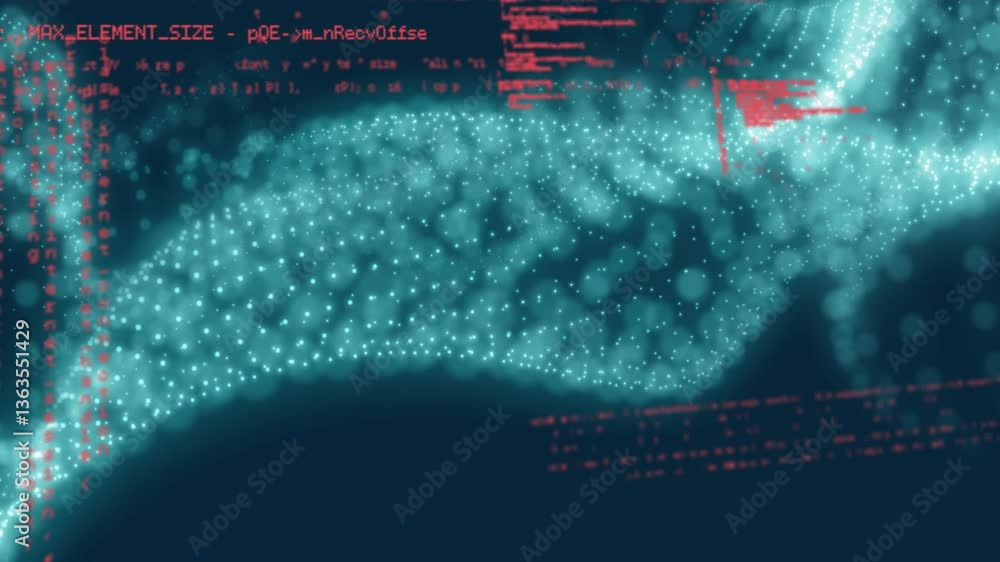 Poster animation of glowing turquoise particles forming wave pattern on dark background