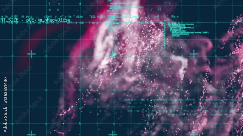 Poster in school, animation of digital particles forming dynamic wave patterns in colors