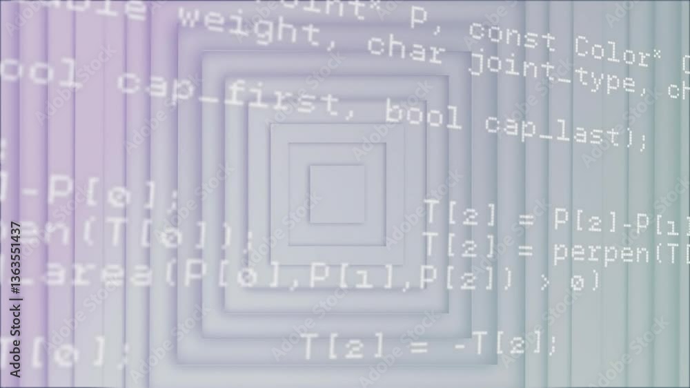 Aufkleber programming code overlay on gradient background with white geometric shapes animation