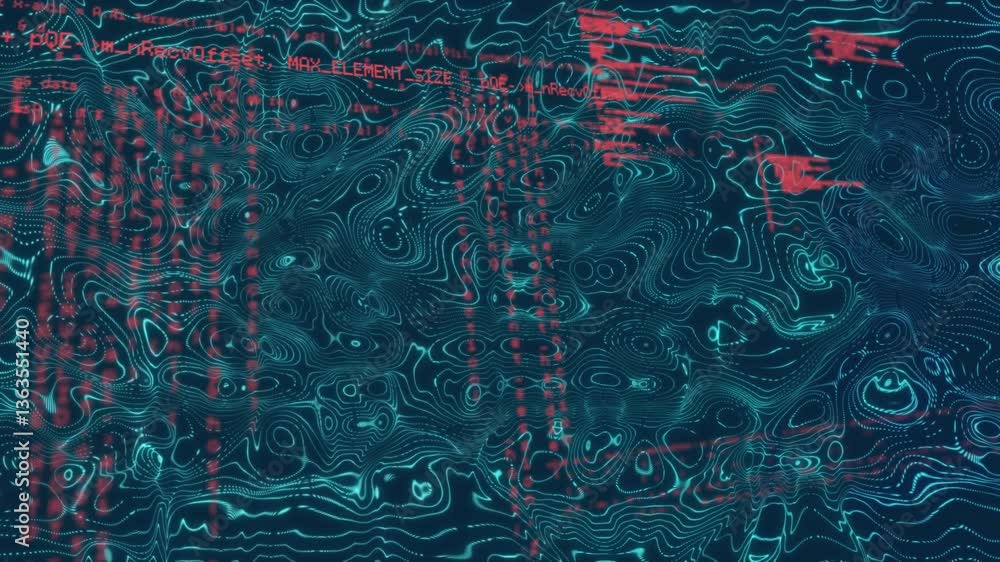 Poster animation of digital code with red text over wavy blue patterns in background