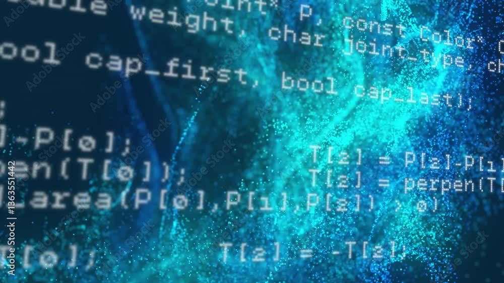 Poster animation of computer code overlaying digital blue particles forming abstract shapes