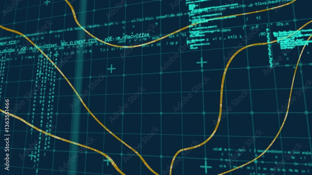 Poster animation of flowing lines and code grid representing data analysis in technology