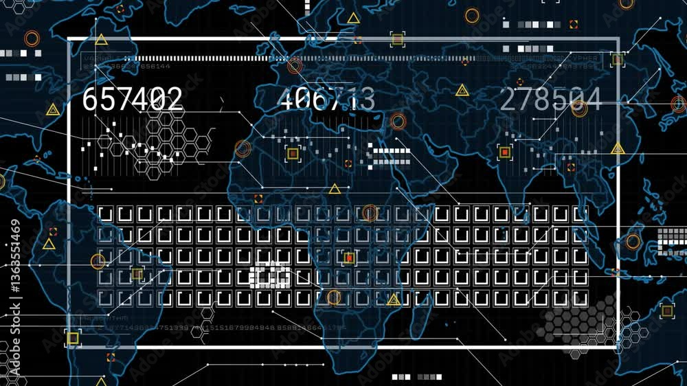Poster animation showing digital world map with data points overlaying continents in school