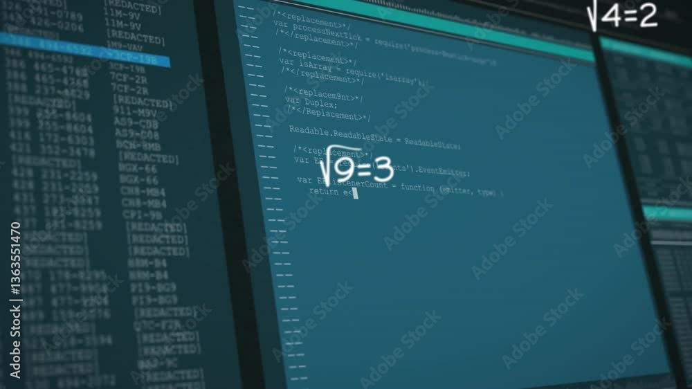 Poster computer screen showing animation of coding interface with mathematical equations overlay
