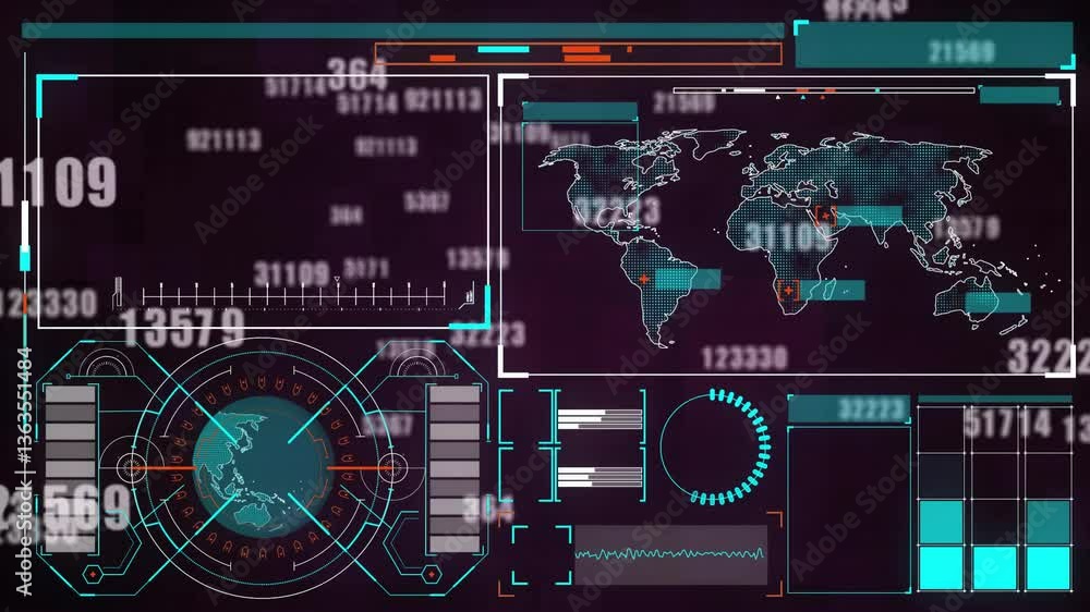 Poster displaying animation of world map and data charts on digital interface screen