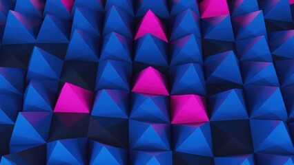 Obraz premium Geometric pattern of blue and pink 3D rendered triangles/pyramids.