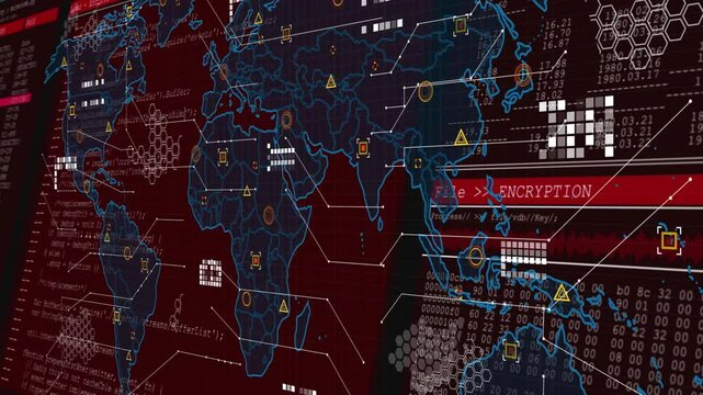 Animation of digital world map with encryption and data processing on red background