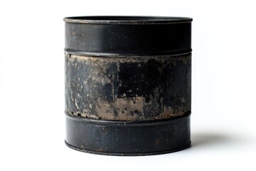 A weathered black metal canister, possibly vintage, shows signs of age and use.