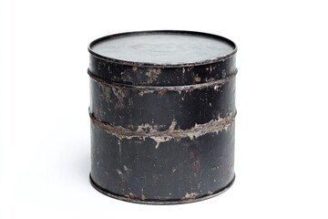 A weathered, black metal barrel, showing signs of age and rust, stands on a white background.