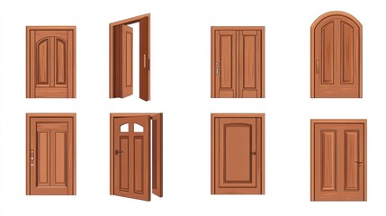 Eight wooden door designs; interior, exterior options; white background; home improvement