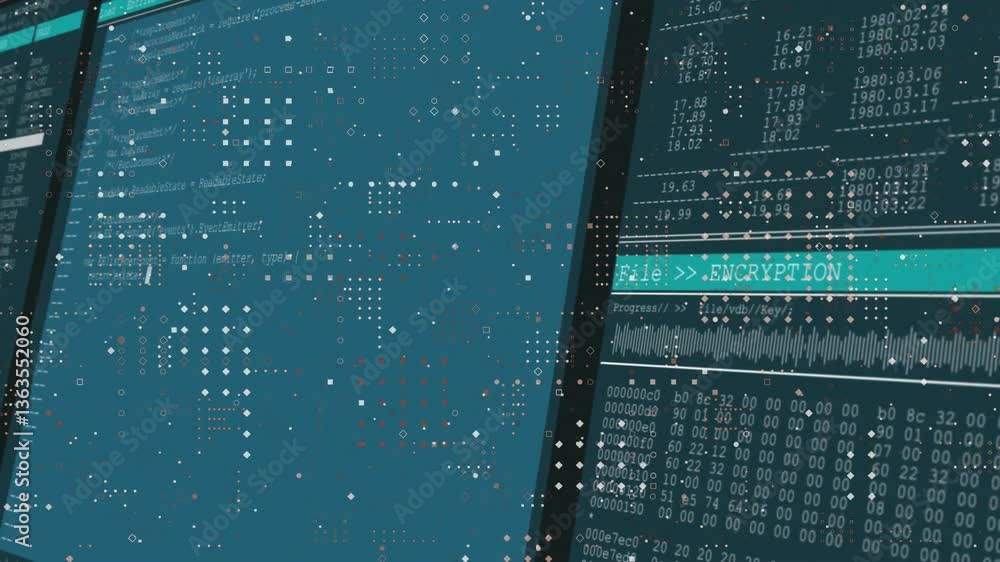 Poster animation of binary code and digital encryption on futuristic screens in school