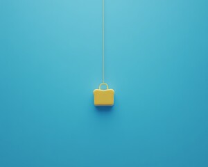 A single yellow briefcase hanging by a thin golden string