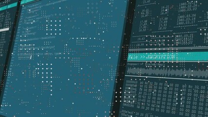 Animation of binary code and digital encryption on futuristic screens in school - Powered by Adobe