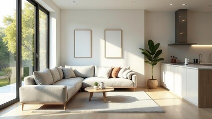 Modern Minimalist Living Room Design with Open Plan Kitchen and Natural Light