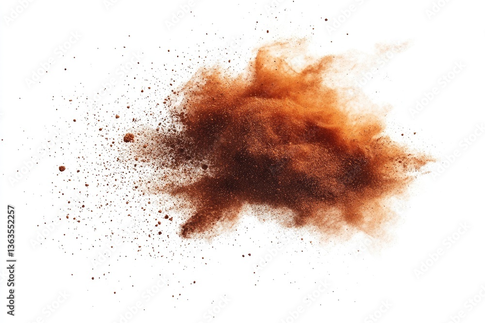 Poster brown powder explosion isolated on white background, creating a dynamic and textured cloud of partic
