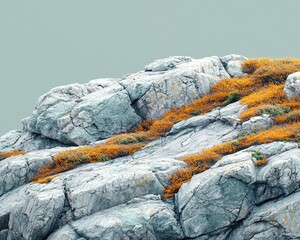 Rocky landscape adorned with vibrant orange foliage against a muted background