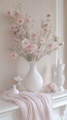 Pink flowers in white vase on mantelpiece, soft light, calm interior.  Perfect for home decor websites