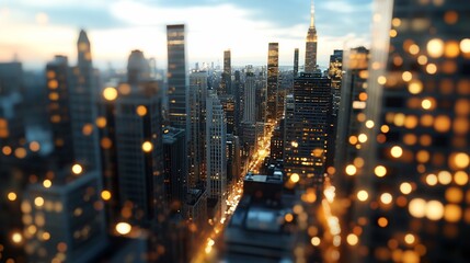 Fototapeta premium A cityscape glows with the lights of evening, showing soaring tall buildings