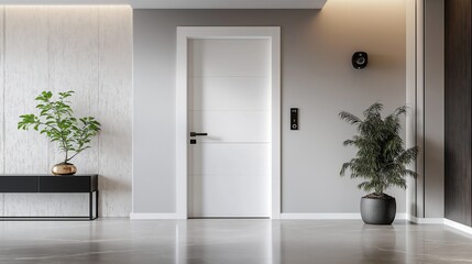 Modern hallway interior featuring plants and stylish door design