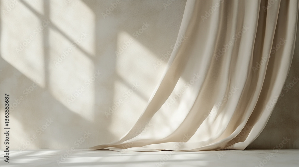 Poster beige curtain with sunlight casting shadows on the wall creating a soft and elegant atmosphere indoo