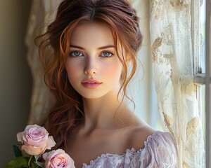 Portrait of a young woman with roses by a window, soft lighting and elegant curtains