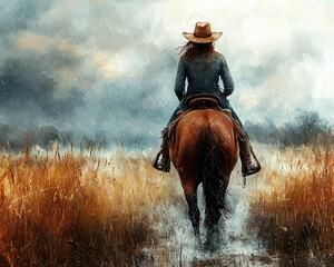 Cowgirl riding a horse through a rain-soaked field under dramatic skies
