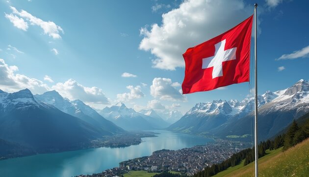 Swiss flag flutters against blue sky background. Scenic landscape features snow-capped mountains and lake. Symbol of Switzerland, patriotism, travel, tourism, independence. Beautiful natural scenery.