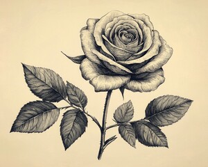 Detailed black and white illustration of a rose with leaves on a soft background
