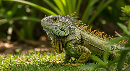 Obraz premium Green Iguana basking in the tropical foliage, showcasing its distinctive spiky crest