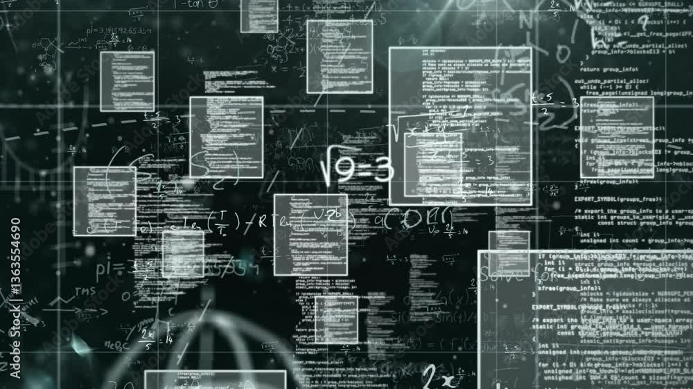 Poster floating documents and mathematical equations over digital data processing animation