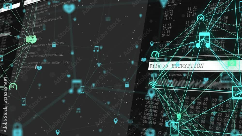 Poster digital network connections and file encryption text over data processing animation