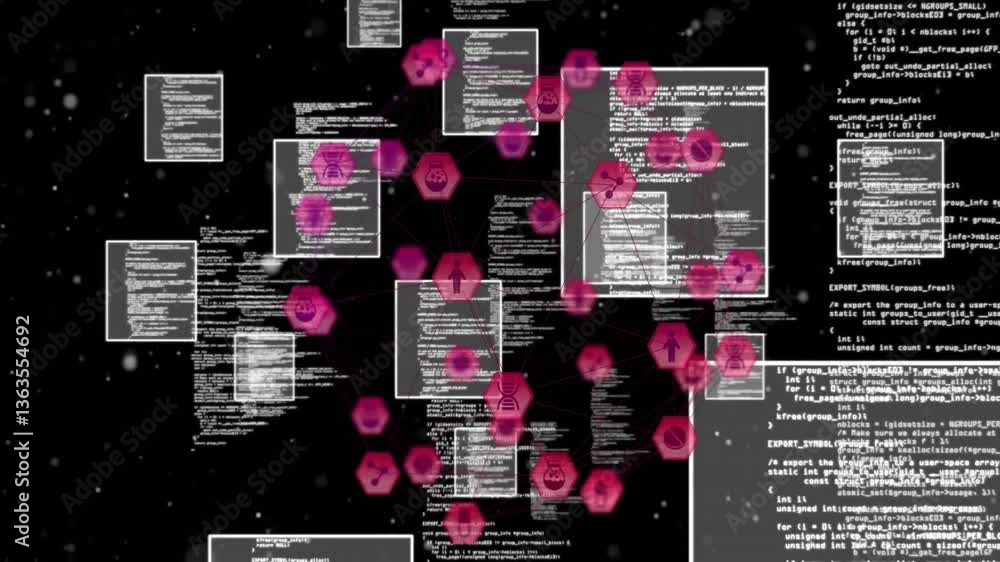 Aufkleber animation of hexagonal shapes and code snippets floating in digital background