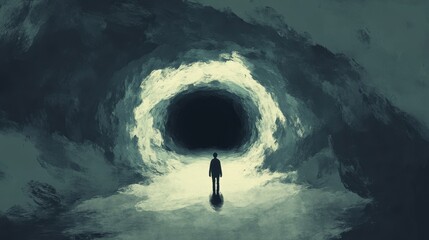 Character navigates a vast tunnel engulfed in dark clouds, symbolizing the journey through depression and feelings of isolation