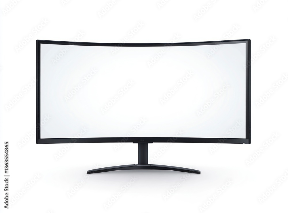 Poster curved computer monitor display with blank white screen against white background