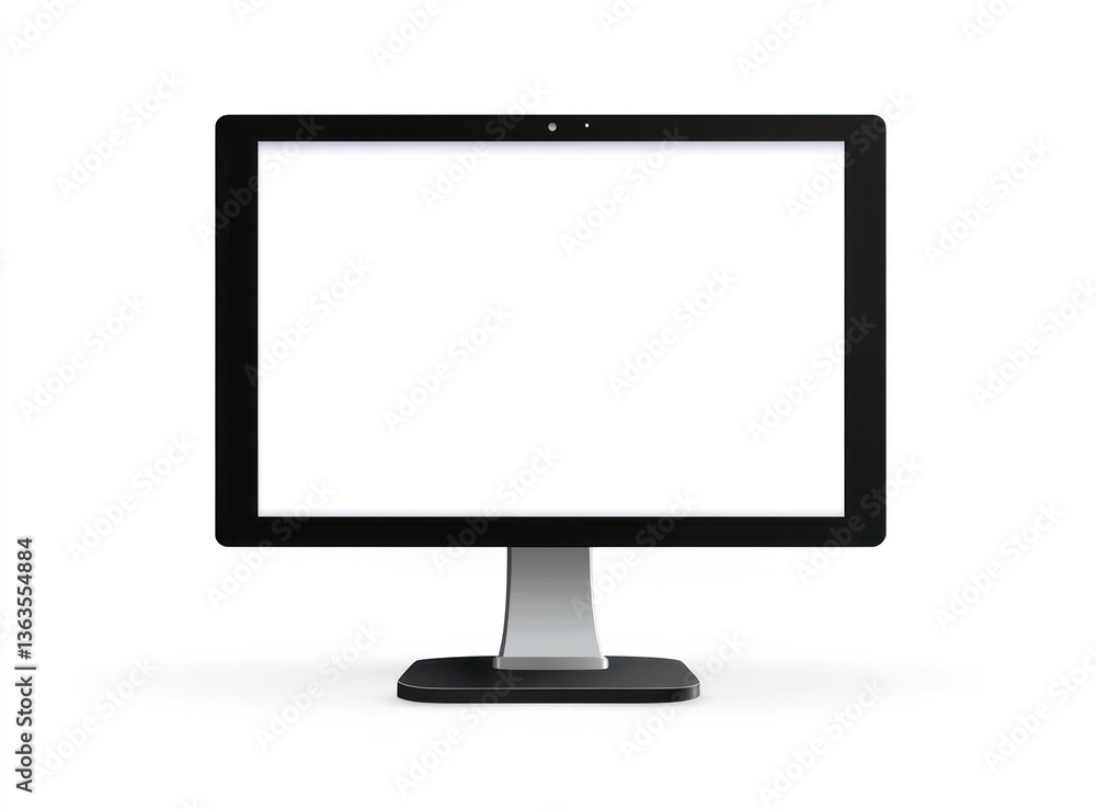 Poster modern desktop computer monitor with blank white screen for mockup