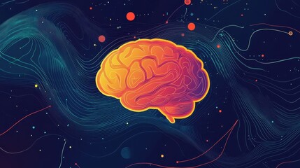 Fototapeta premium Glowing brain illustration surrounded by abstract waves representing mental stimulation and focus amidst a vibrant background