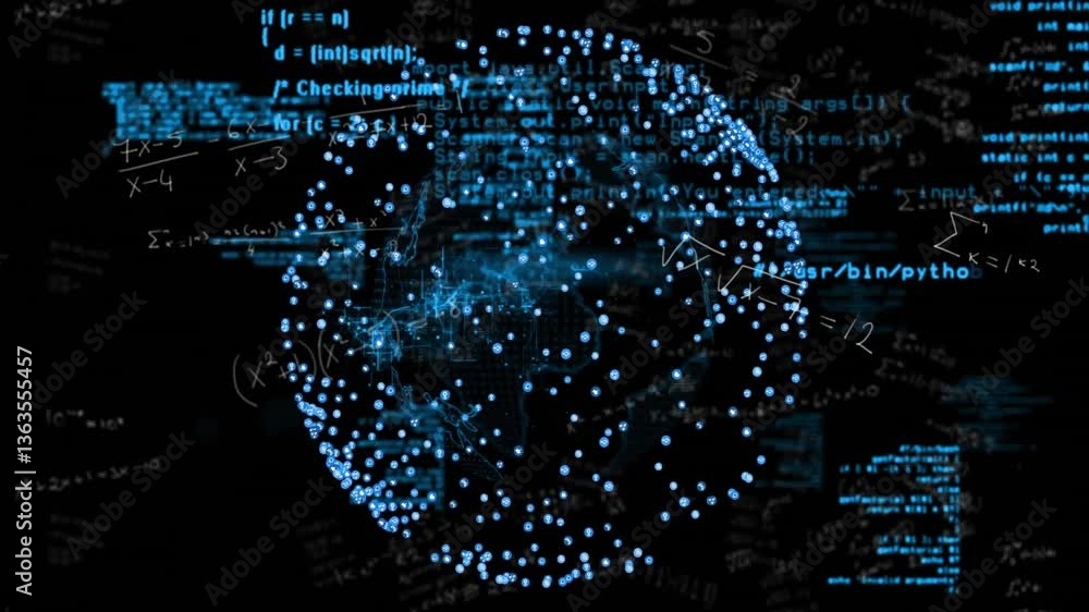 Aufkleber animation of digital globe with interconnected nodes and equations in blue overlay