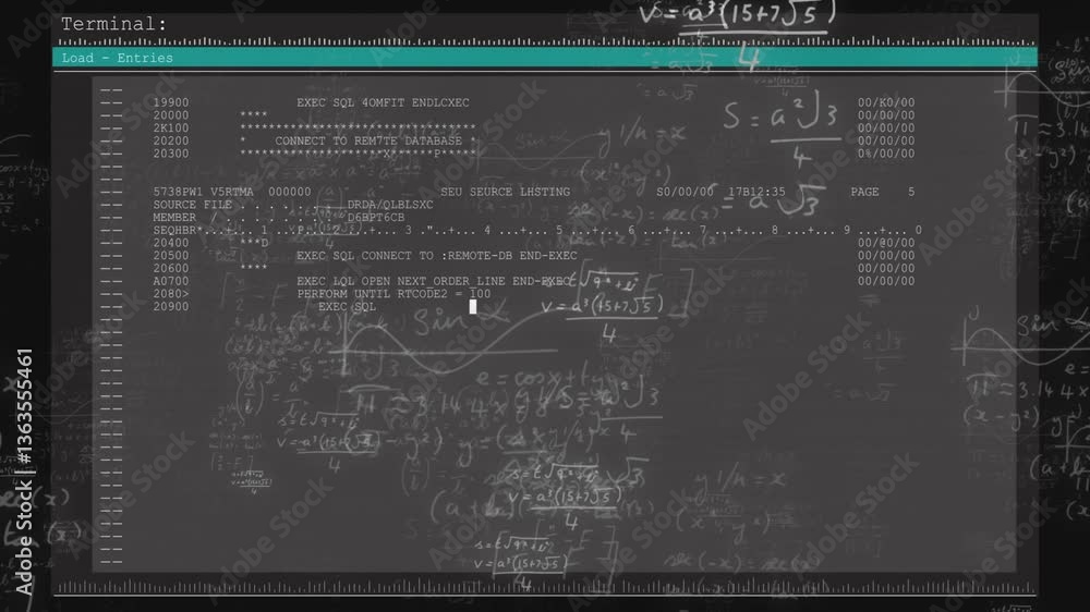Poster animation of mathematical equations and computer code on dark chalkboard in school