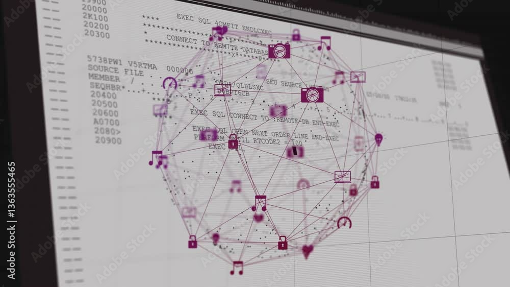 Poster animation of digital icons and connections over computer code in school setting