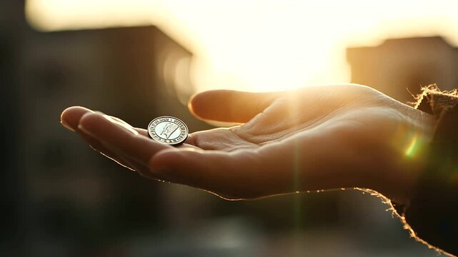 A hand flipping a coin that reveals a glowing prophecy at twilight