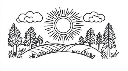 Sunny landscape, rolling hills, pine trees, farmland, nature illustration, for children's book